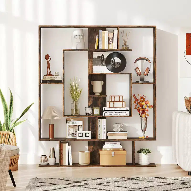 Étagère à 7 niveaux Bibliothèque géométrique avec 2 kits anti-basculement Marron rustique/Blanc