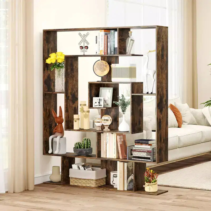 Étagère à 7 niveaux Bibliothèque géométrique avec 2 kits anti-basculement Marron rustique/Blanc