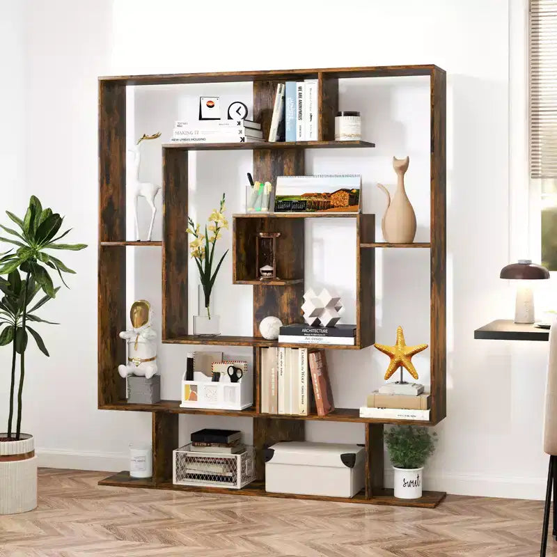 Étagère à 7 niveaux Bibliothèque géométrique avec 2 kits anti-basculement Marron rustique/Blanc