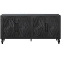 HomeRoots 68 Black Distressed Carved Floral Sideboard with Four Doors