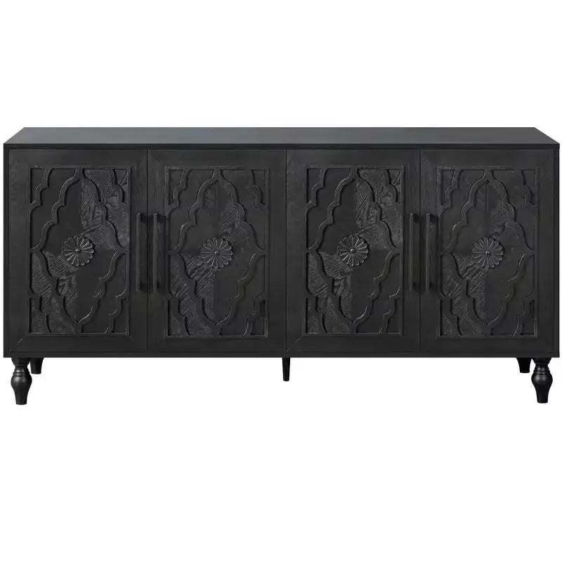 HomeRoots 68 Black Distressed Carved Floral Sideboard with Four Doors