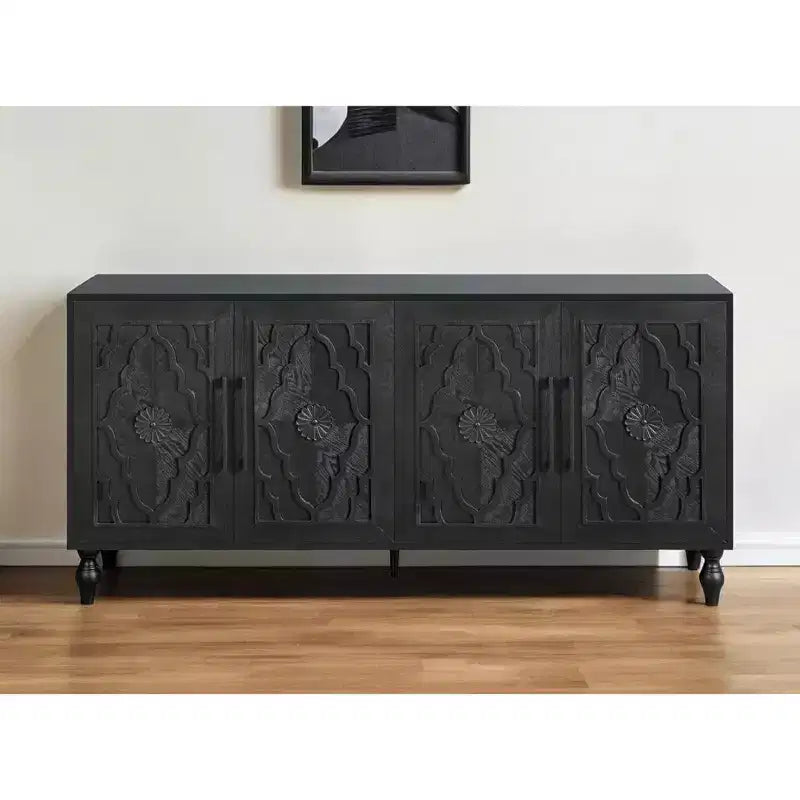 Desserte à quatre portes en bois sculpté floral noir vieilli - 68 po.