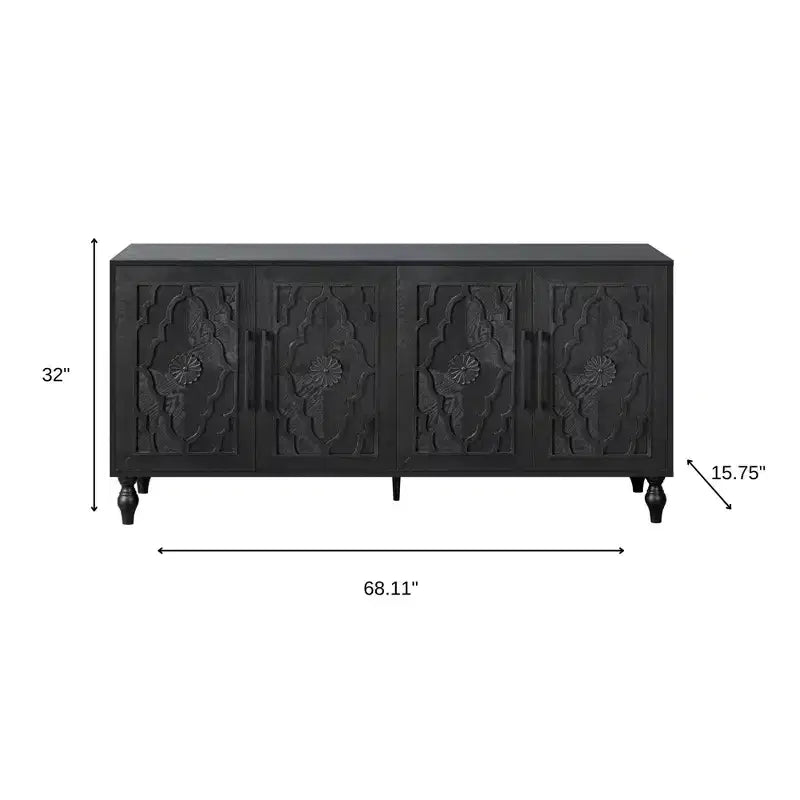 Desserte à quatre portes en bois sculpté floral noir vieilli - 68 po.