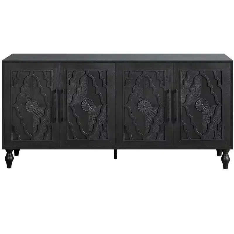 Desserte à quatre portes en bois sculpté floral noir vieilli - 68 po.