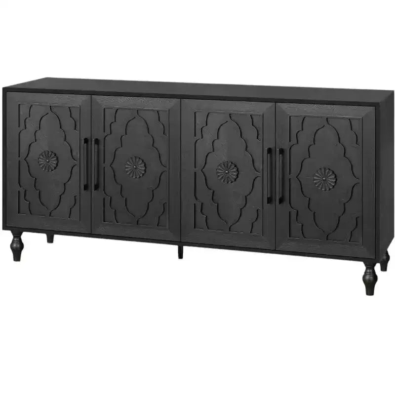 Desserte à quatre portes en bois sculpté floral noir vieilli - 68 po.