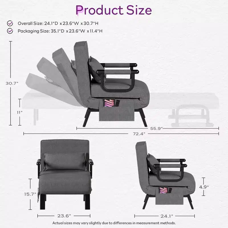 Fauteuil Lit Convertible pour Adultes avec Dossier Réglable sur 5 Positions et Oreiller, Canapé-Lit Futon Simple Confortable pour Appartement, Bureau