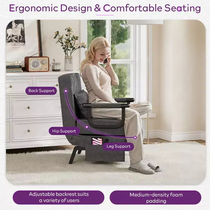 Fauteuil Lit Convertible pour Adultes avec Dossier Réglable sur 5 Positions et Oreiller, Canapé-Lit Futon Simple Confortable pour Appartement, Bureau