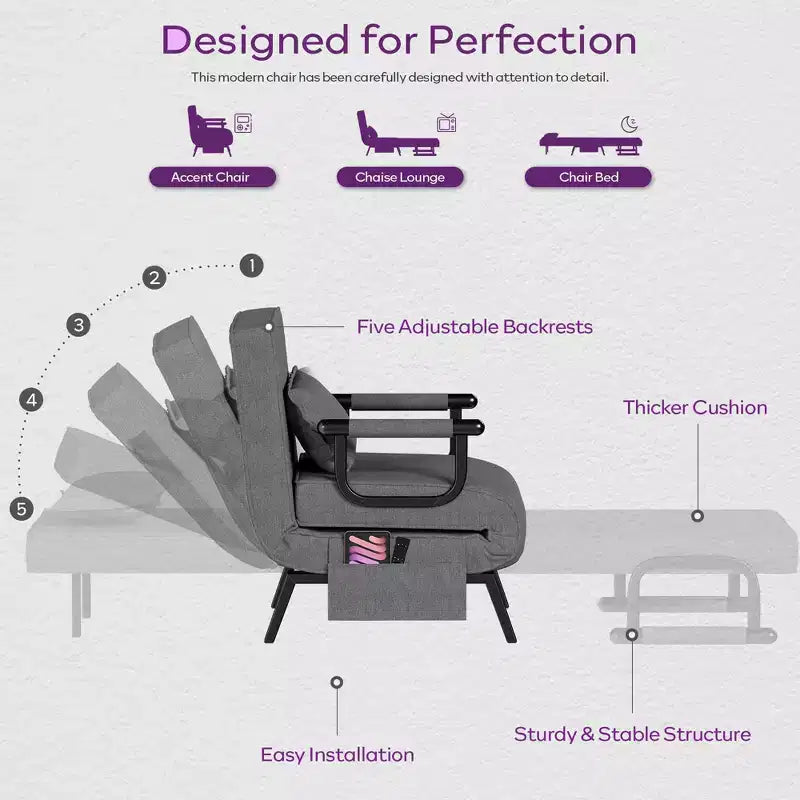 Fauteuil Lit Convertible pour Adultes avec Dossier Réglable sur 5 Positions et Oreiller, Canapé-Lit Futon Simple Confortable pour Appartement, Bureau