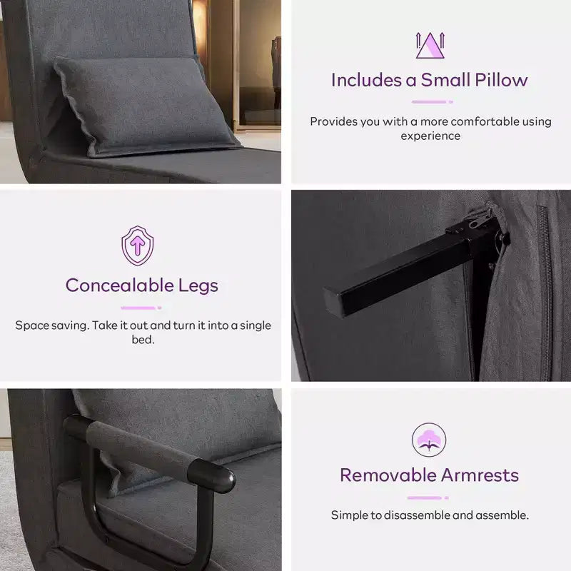 Fauteuil Lit Convertible pour Adultes avec Dossier Réglable sur 5 Positions et Oreiller, Canapé-Lit Futon Simple Confortable pour Appartement, Bureau