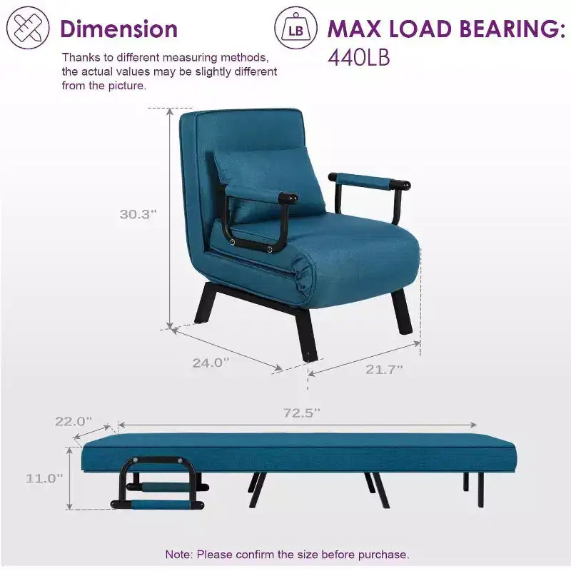 Fauteuil Lit Convertible pour Adultes avec Dossier Réglable sur 5 Positions et Oreiller, Canapé-Lit Futon Simple Confortable pour Appartement, Bureau