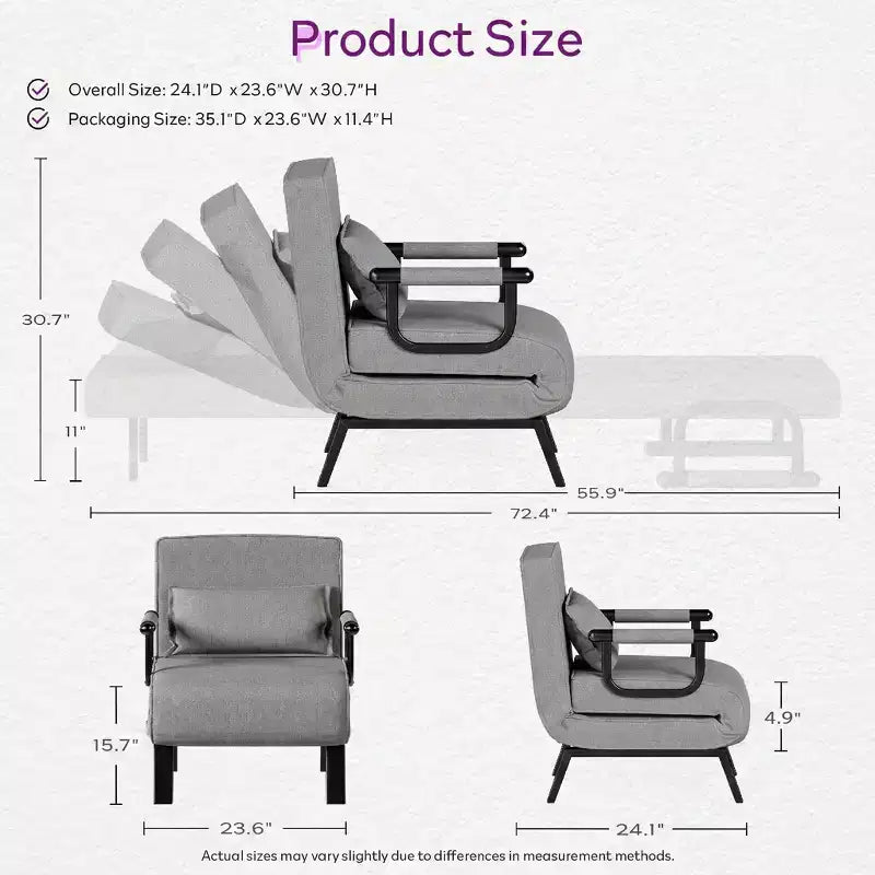 Fauteuil Lit Convertible pour Adultes avec Dossier Réglable sur 5 Positions et Oreiller, Canapé-Lit Futon Simple Confortable pour Appartement, Bureau