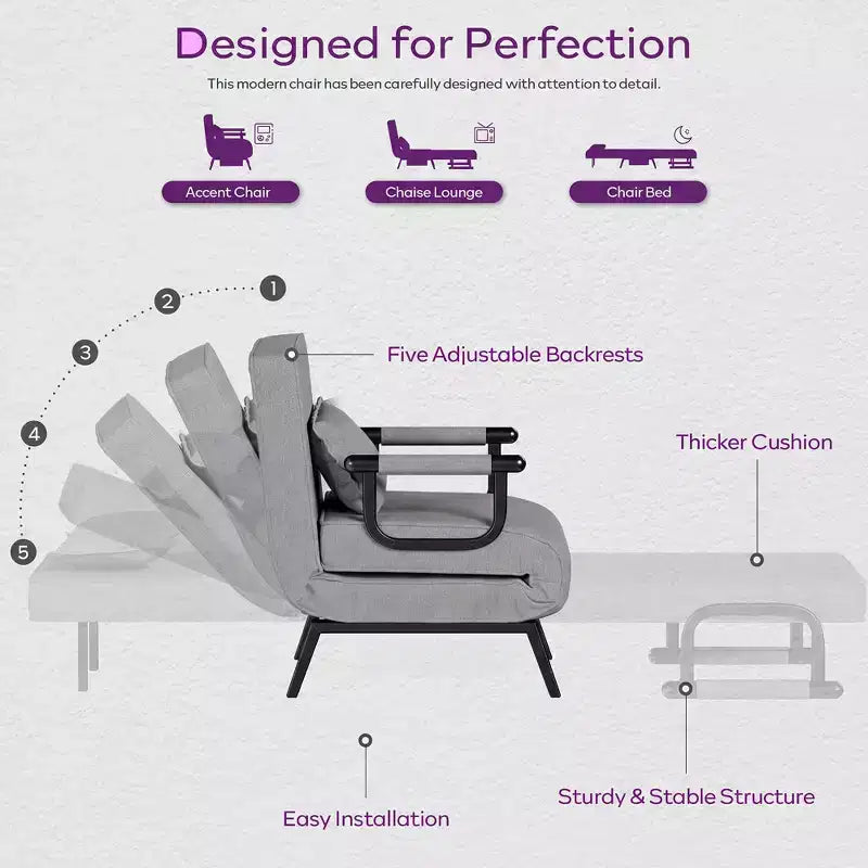 Fauteuil Lit Convertible pour Adultes avec Dossier Réglable sur 5 Positions et Oreiller, Canapé-Lit Futon Simple Confortable pour Appartement, Bureau
