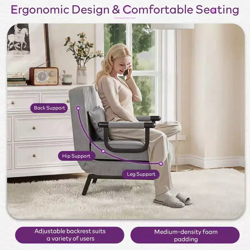 Fauteuil Lit Convertible pour Adultes avec Dossier Réglable sur 5 Positions et Oreiller, Canapé-Lit Futon Simple Confortable pour Appartement, Bureau