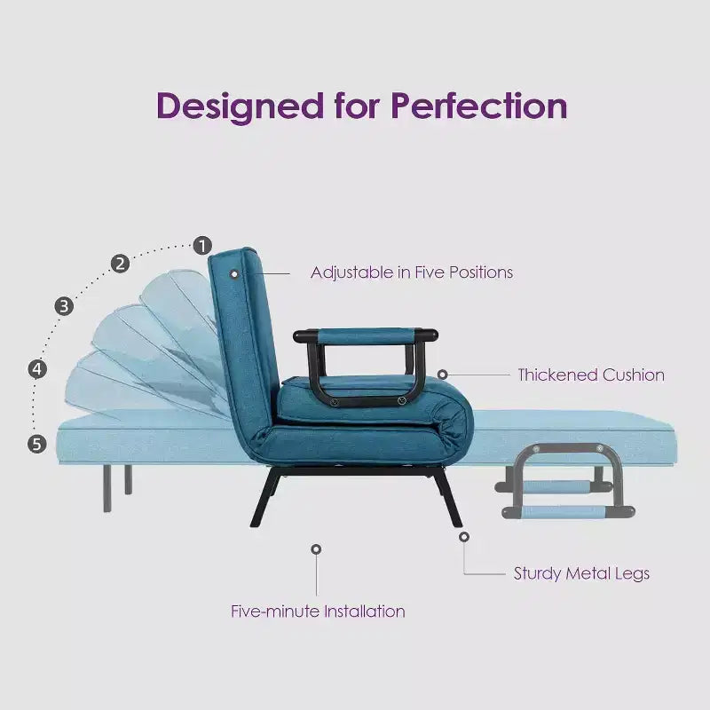 Fauteuil Lit Convertible pour Adultes avec Dossier Réglable sur 5 Positions et Oreiller, Canapé-Lit Futon Simple Confortable pour Appartement, Bureau