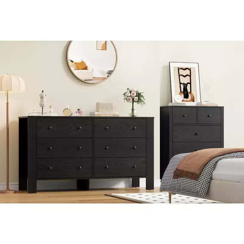 Commode à 6 tiroirs pour chambre à coucher, commode double moderne avec tiroirs de rangement, commode en bois pour chambre à coucher, entrée, couloir