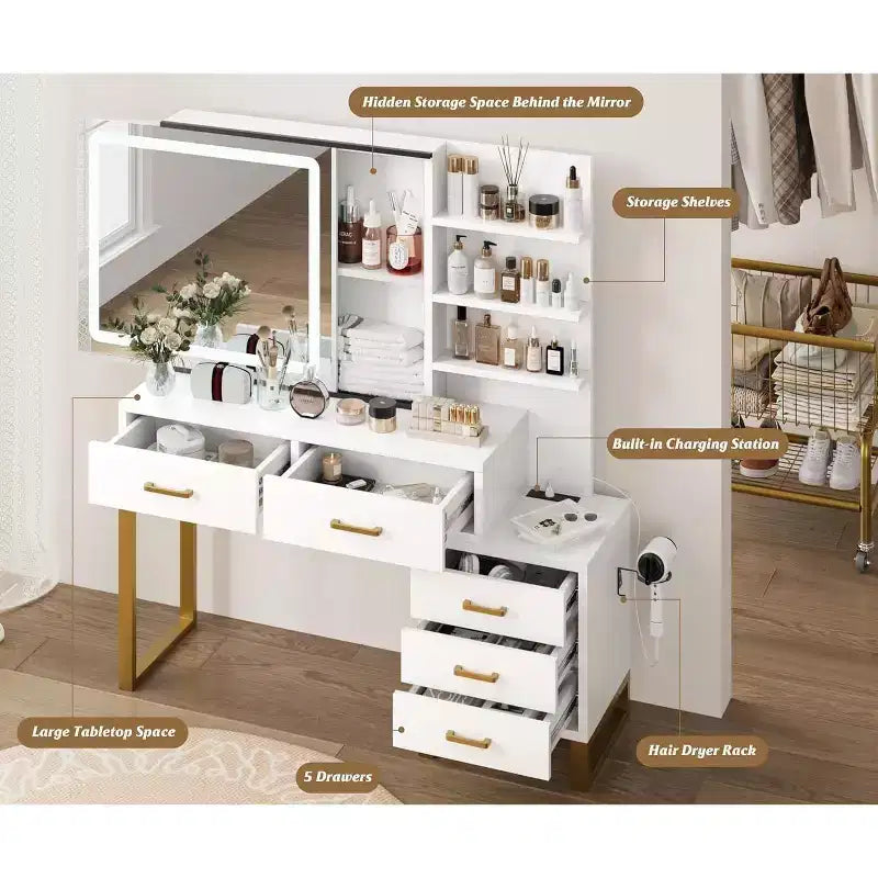 Commode avec miroir coulissant et éclairage, 3 modes d'éclairage, grande commode de chambre avec station de recharge / 5 grands tiroirs / 3 étagères ouvertes, blanc et or