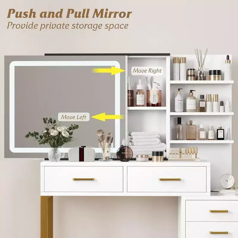 Commode avec miroir coulissant et éclairage, 3 modes d'éclairage, grande commode de chambre avec station de recharge / 5 grands tiroirs / 3 étagères ouvertes, blanc et or