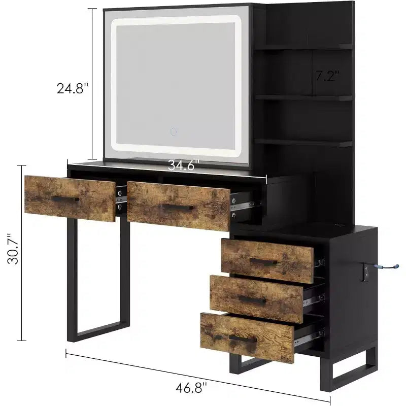 Commode avec miroir coulissant et éclairage, 3 modes d'éclairage, grande commode de chambre avec station de recharge / 5 grands tiroirs / 3 étagères ouvertes, blanc et or