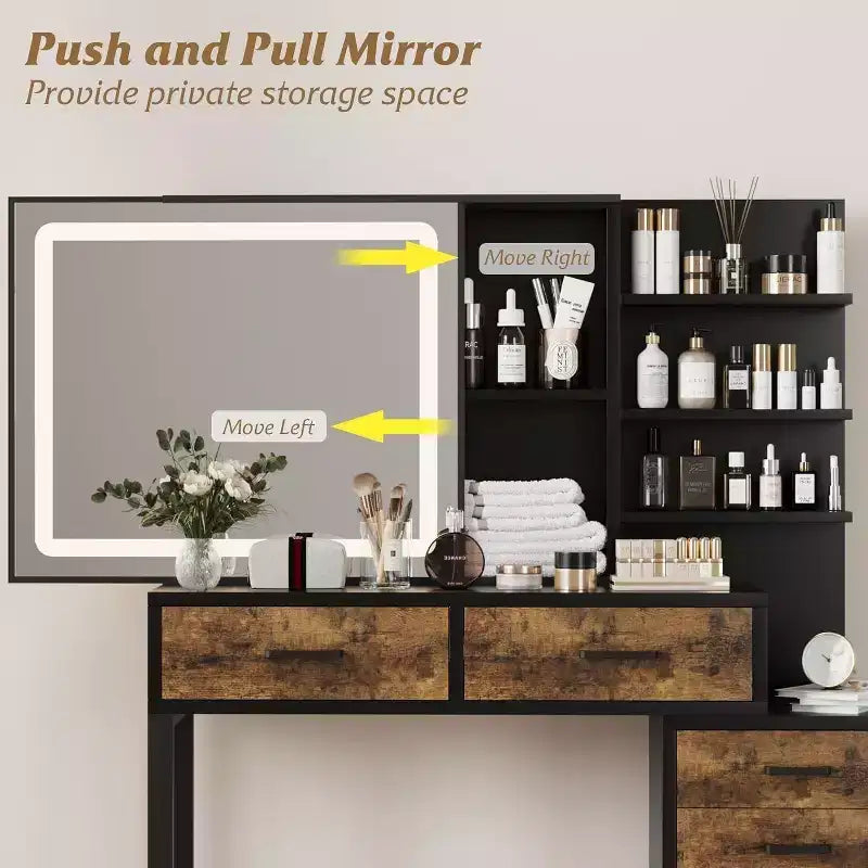Commode avec miroir coulissant et éclairage, 3 modes d'éclairage, grande commode de chambre avec station de recharge / 5 grands tiroirs / 3 étagères ouvertes, blanc et or