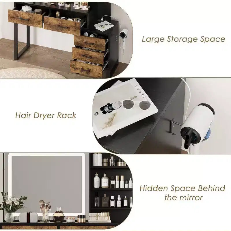Commode avec miroir coulissant et éclairage, 3 modes d'éclairage, grande commode de chambre avec station de recharge / 5 grands tiroirs / 3 étagères ouvertes, blanc et or