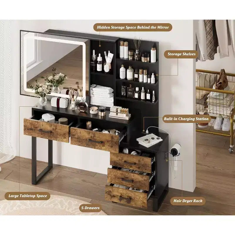 Commode avec miroir coulissant et éclairage, 3 modes d'éclairage, grande commode de chambre avec station de recharge / 5 grands tiroirs / 3 étagères ouvertes, blanc et or