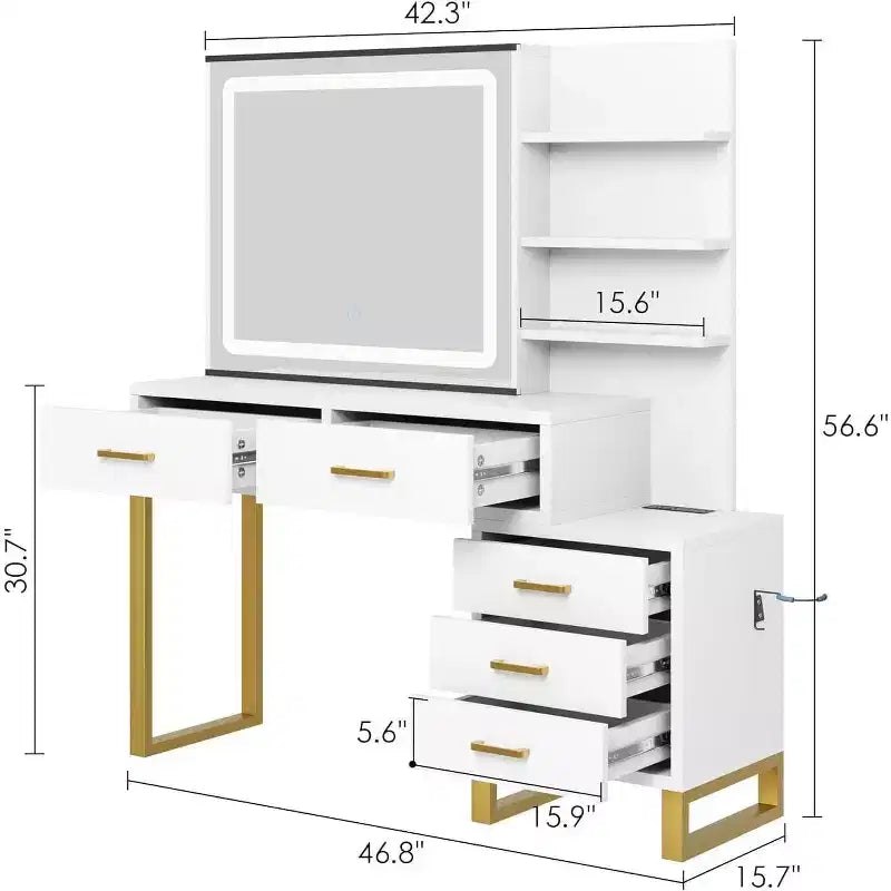 Commode avec miroir coulissant et éclairage, 3 modes d'éclairage, grande commode de chambre avec station de recharge / 5 grands tiroirs / 3 étagères ouvertes, blanc et or