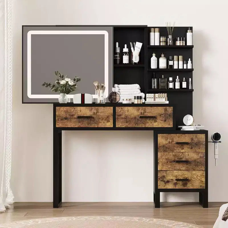 Dresser with Sliding Mirror and Light, 3 Lighting Modes, Large Bedroom Dresser with Charging Station / 5 Large Drawers / 3 Open Shelves, White &Gold