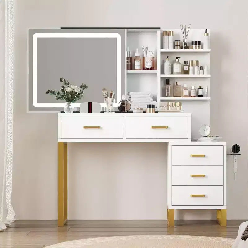 Commode avec miroir coulissant et éclairage, 3 modes d'éclairage, grande commode de chambre avec station de recharge / 5 grands tiroirs / 3 étagères ouvertes, blanc et or