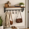 Royal Hampton 26 Inch Industrial Wall Mount Coat Rack with Metal Frame, 5 Hooks and 1 Shelf, Rustic Brown & Black