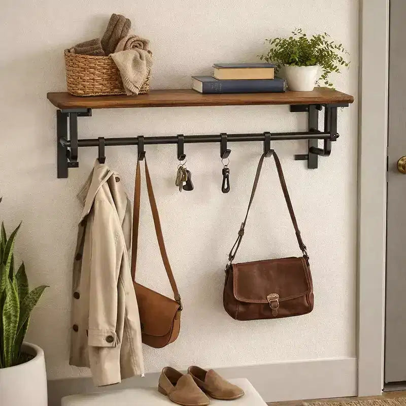 Royal Hampton 26 Inch Industrial Wall Mount Coat Rack with Metal Frame, 5 Hooks and 1 Shelf, Rustic Brown & Black