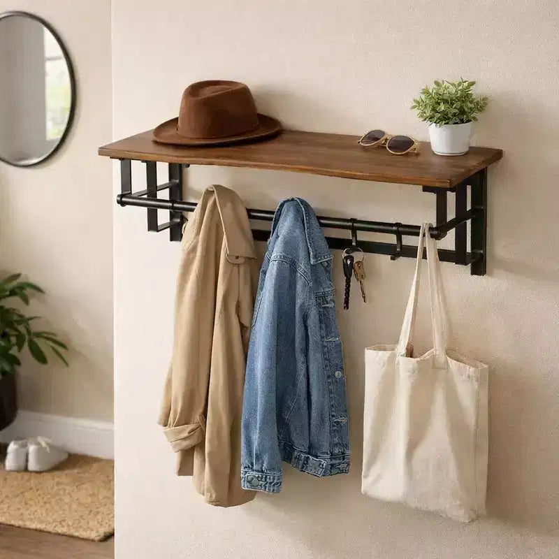 Porte-manteau mural industriel de 26 pouces avec cadre en métal, 5 crochets et 1 étagère, marron rustique et noir