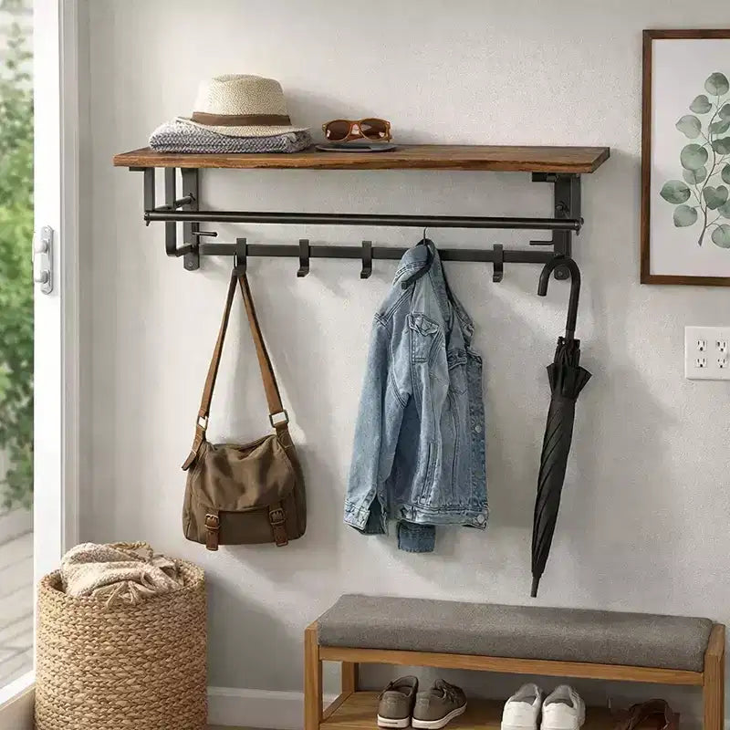 Porte-manteau mural industriel de 26 pouces avec cadre en métal, 5 crochets et 1 étagère, marron rustique et noir
