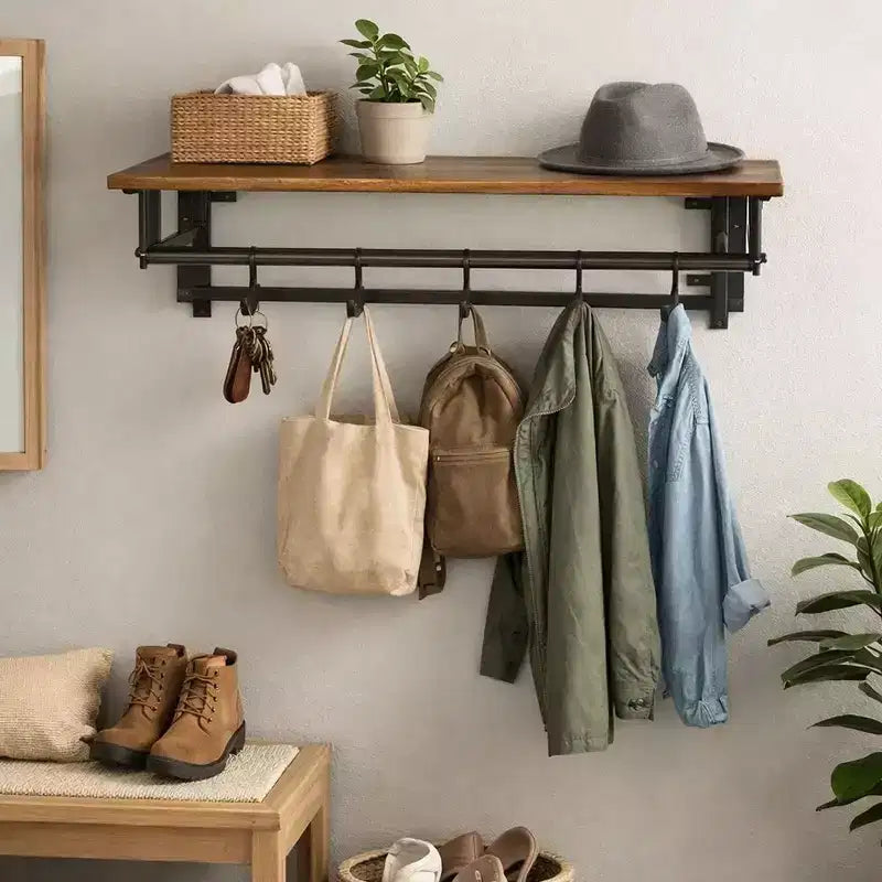 Porte-manteau mural industriel de 26 pouces avec cadre en métal, 5 crochets et 1 étagère, marron rustique et noir