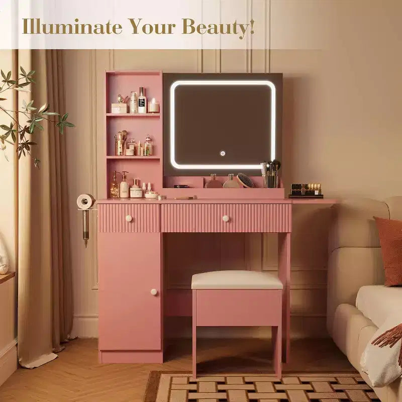 Coiffeuse avec miroir, 3 modes d'éclairage et prise de courant