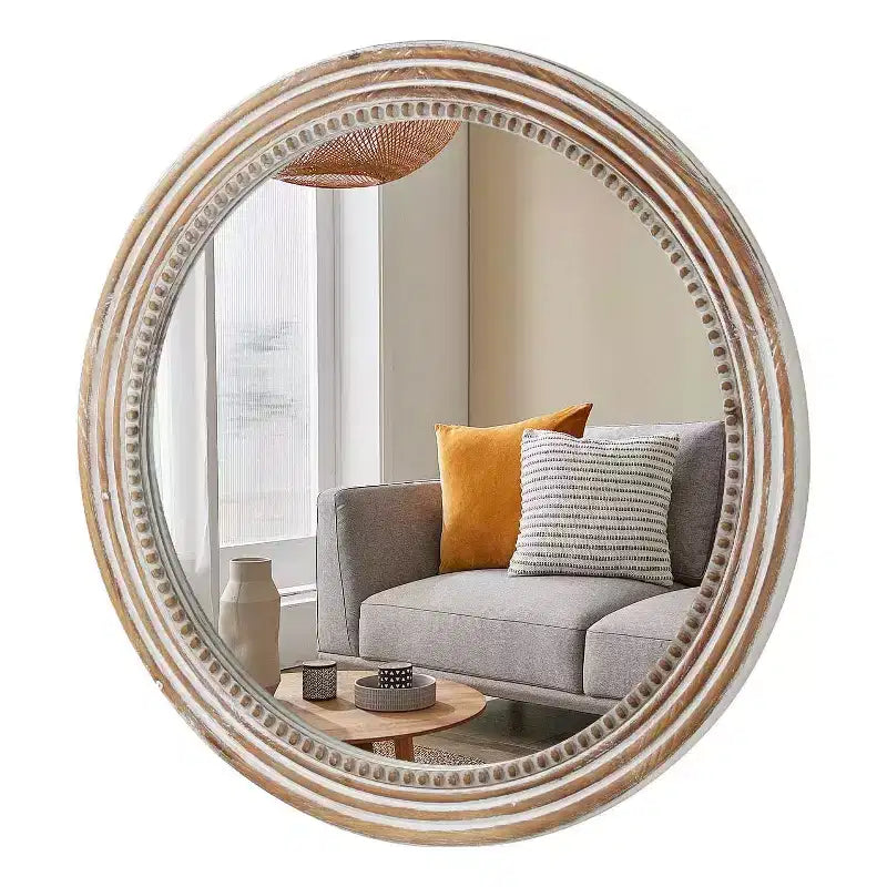 MAYEERTY 24 Round Wood Decorative Mirrors for Wall Decor, Rustic Circle Mirror with Beads for Bedroom Living Room Office