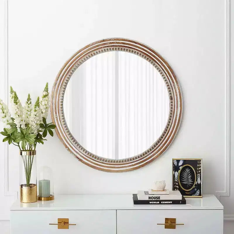 Miroirs décoratifs ronds en bois de 24 po pour la décoration murale, miroirs circulaires rustiques avec perles pour chambre à coucher, salon, bureau