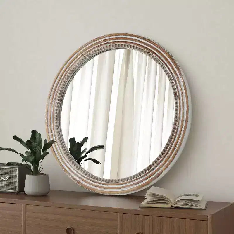 Miroirs décoratifs ronds en bois de 24 po pour la décoration murale, miroirs circulaires rustiques avec perles pour chambre à coucher, salon, bureau
