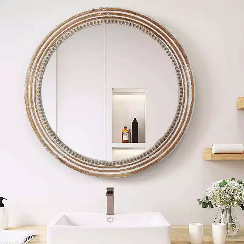 Miroirs décoratifs ronds en bois de 24 po pour la décoration murale, miroirs circulaires rustiques avec perles pour chambre à coucher, salon, bureau