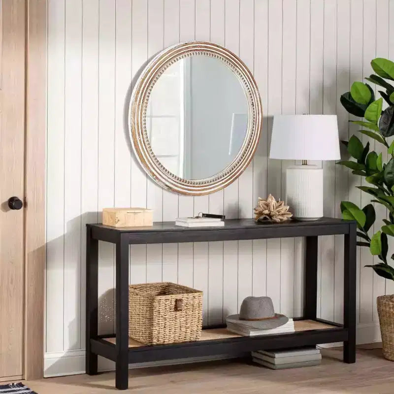 Miroirs décoratifs ronds en bois de 24 po pour la décoration murale, miroirs circulaires rustiques avec perles pour chambre à coucher, salon, bureau