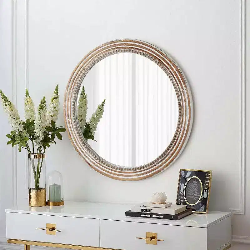 Miroirs décoratifs ronds en bois de 24 po pour la décoration murale, miroirs circulaires rustiques avec perles pour chambre à coucher, salon, bureau