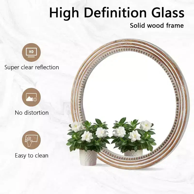 Miroirs décoratifs ronds en bois de 24 po pour la décoration murale, miroirs circulaires rustiques avec perles pour chambre à coucher, salon, bureau