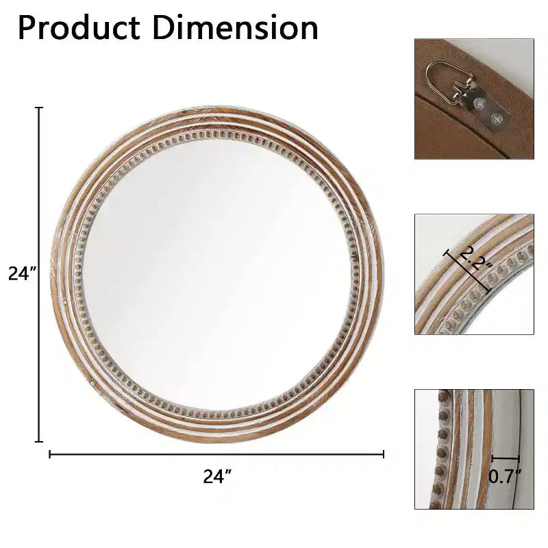 Miroirs décoratifs ronds en bois de 24 po pour la décoration murale, miroirs circulaires rustiques avec perles pour chambre à coucher, salon, bureau