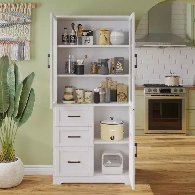 Meuble vitrine blanc de 170 cm de haut avec 3 portes, 3 tiroirs et 5 étagères, style moderne