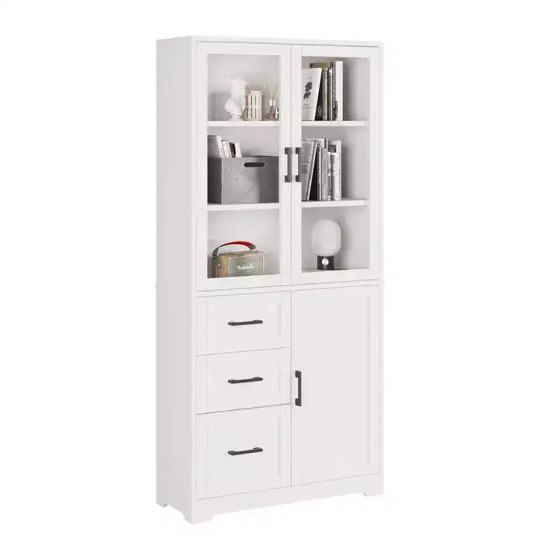 Meuble vitrine blanc de 170 cm de haut avec 3 portes, 3 tiroirs et 5 étagères, style moderne