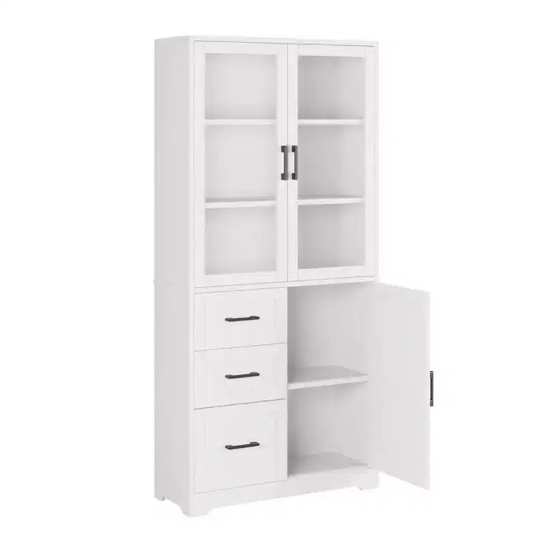 Meuble vitrine blanc de 170 cm de haut avec 3 portes, 3 tiroirs et 5 étagères, style moderne