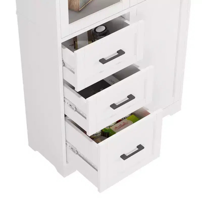 Meuble vitrine blanc de 170 cm de haut avec 3 portes, 3 tiroirs et 5 étagères, style moderne