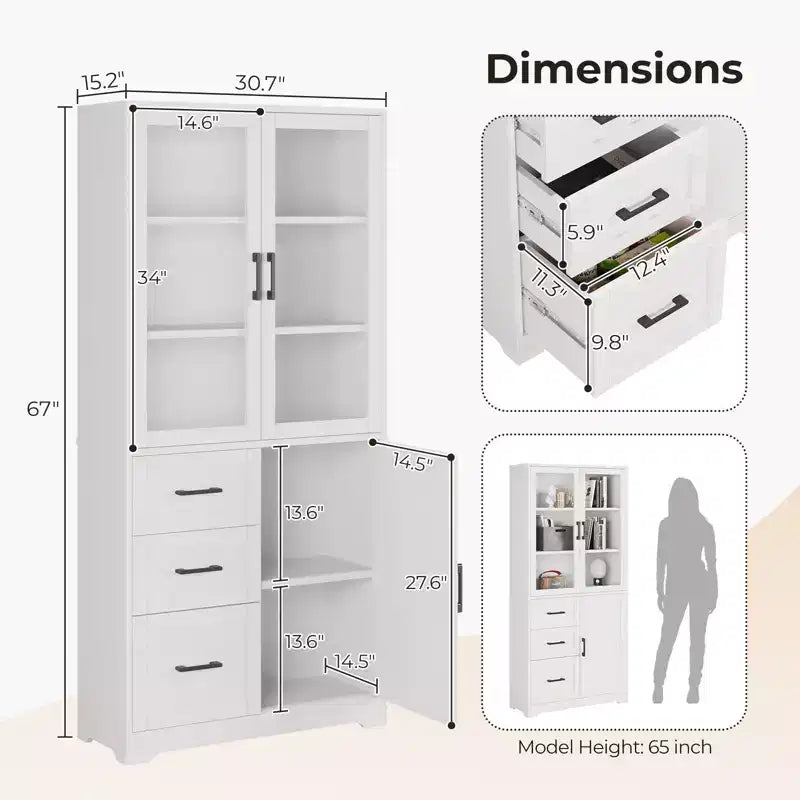 Meuble vitrine blanc de 170 cm de haut avec 3 portes, 3 tiroirs et 5 étagères, style moderne
