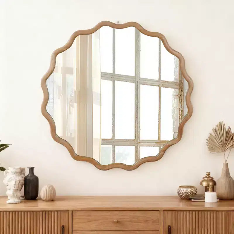 MAYEERTY 30 inched Wood Frame Wavy Round Decorative Mirror for Bedroom Bathroom Living Room Entryway Natural