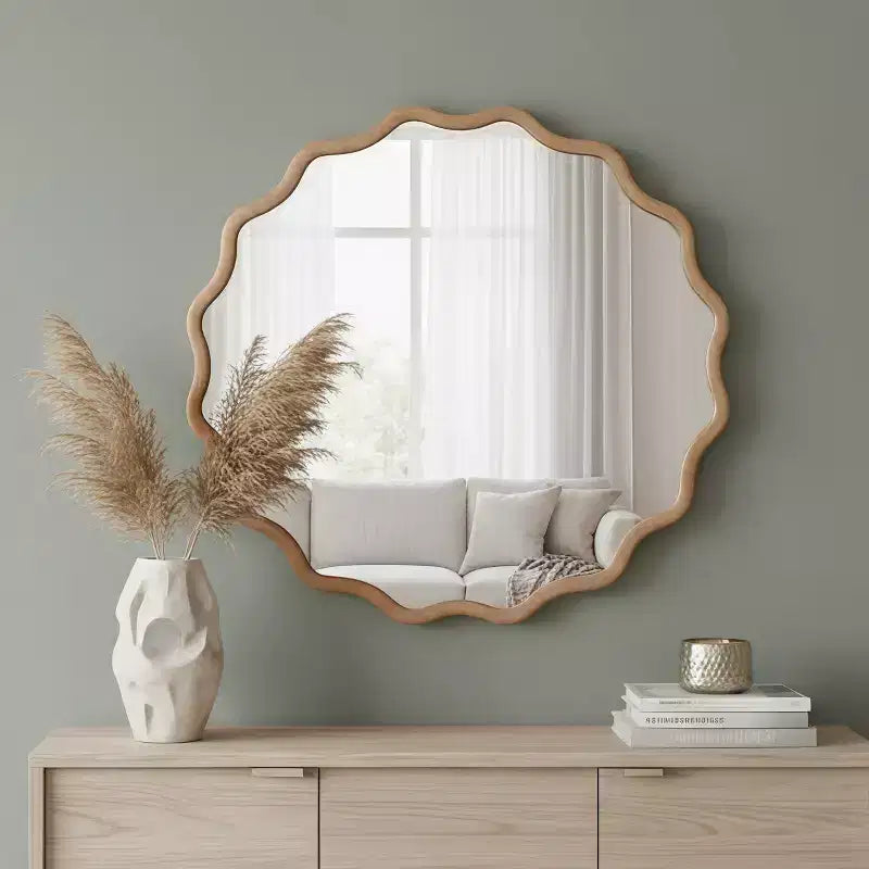Miroir décoratif rond ondulé à cadre en bois de 76 cm pour chambre à coucher, salle de bain, salon, entrée, naturel