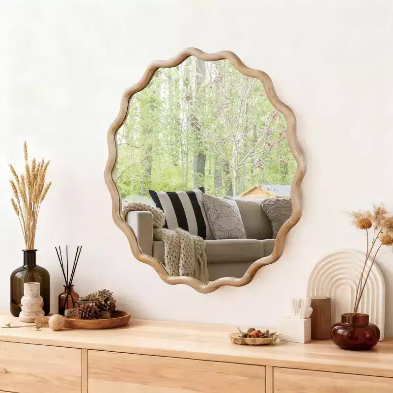 Miroir décoratif rond ondulé à cadre en bois de 76 cm pour chambre à coucher, salle de bain, salon, entrée, naturel